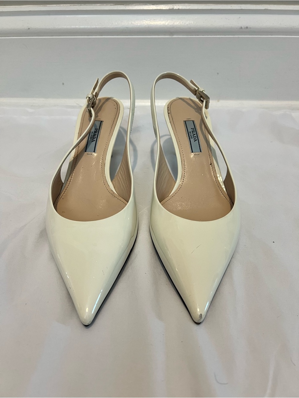 PRADA Ivory Patent Leather Pointed Toe Heels, Size 7 - Picture 2 of 8